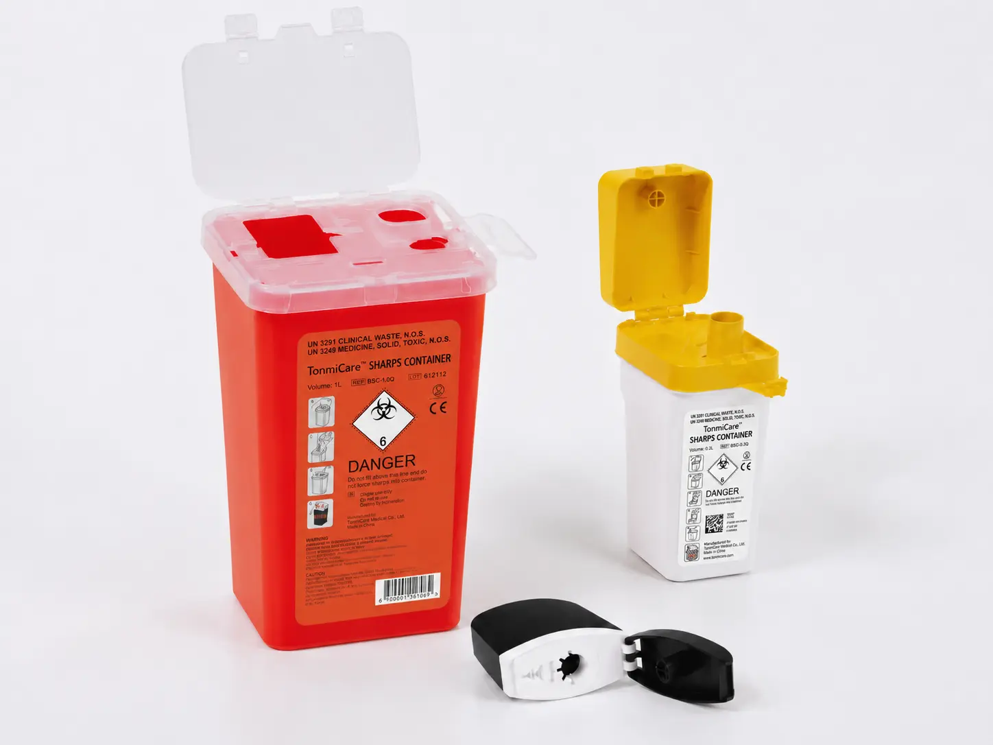 Sharps containers in standard compact and portable capacity formats