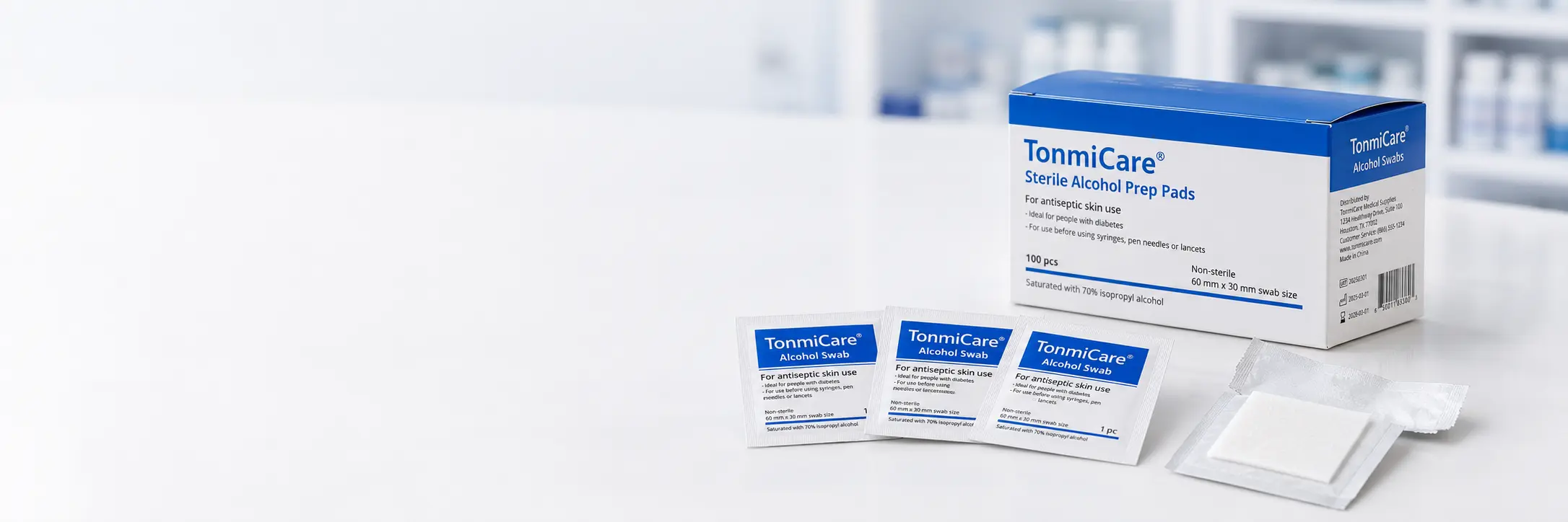 70% isopropyl alcohol prep pads in a 100-count box with individually wrapped packets for pharmacy clinic and distributor supply