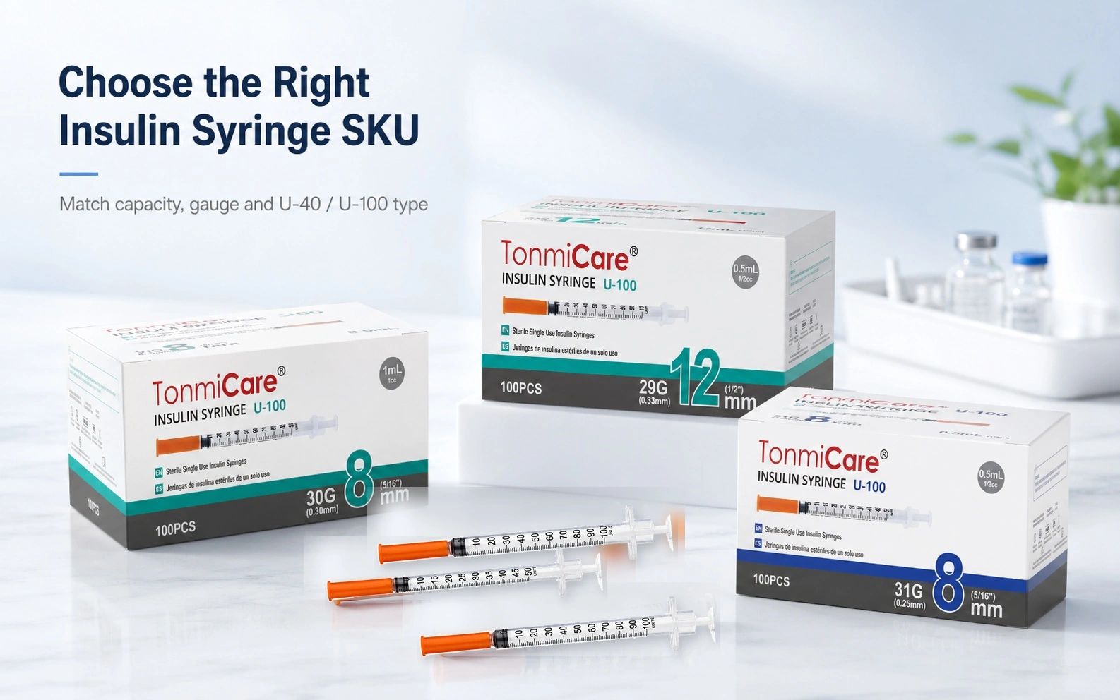 U-100 insulin syringe capacity, unit scale, gauge and needle length fields for SKU comparison