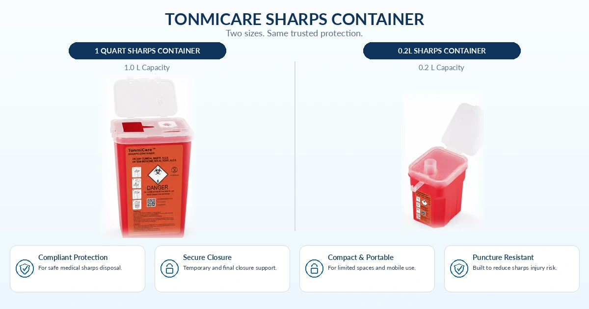 TonmiCare 1 quart and 0.2L sharps containers with secure lids for clinics pharmacies and healthcare facilities