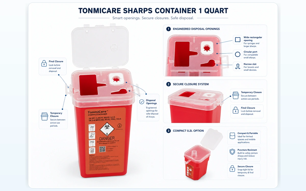 TonmiCare sharps container lid openings temporary closure final lock and compact 0.2L container design