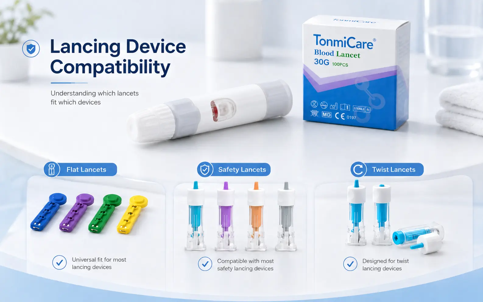 TonmiCare blood lancet gauge size comparison showing 28G, 30G, 32G and 33G lancets with a reusable lancing device