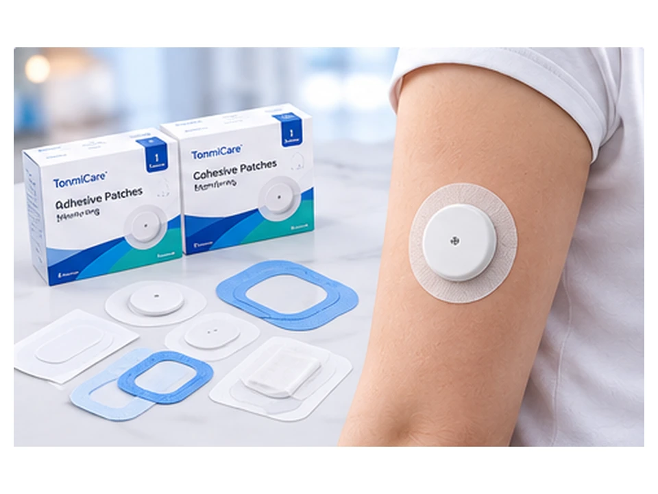 CGM sensor worn on the arm with adhesive overpatch options