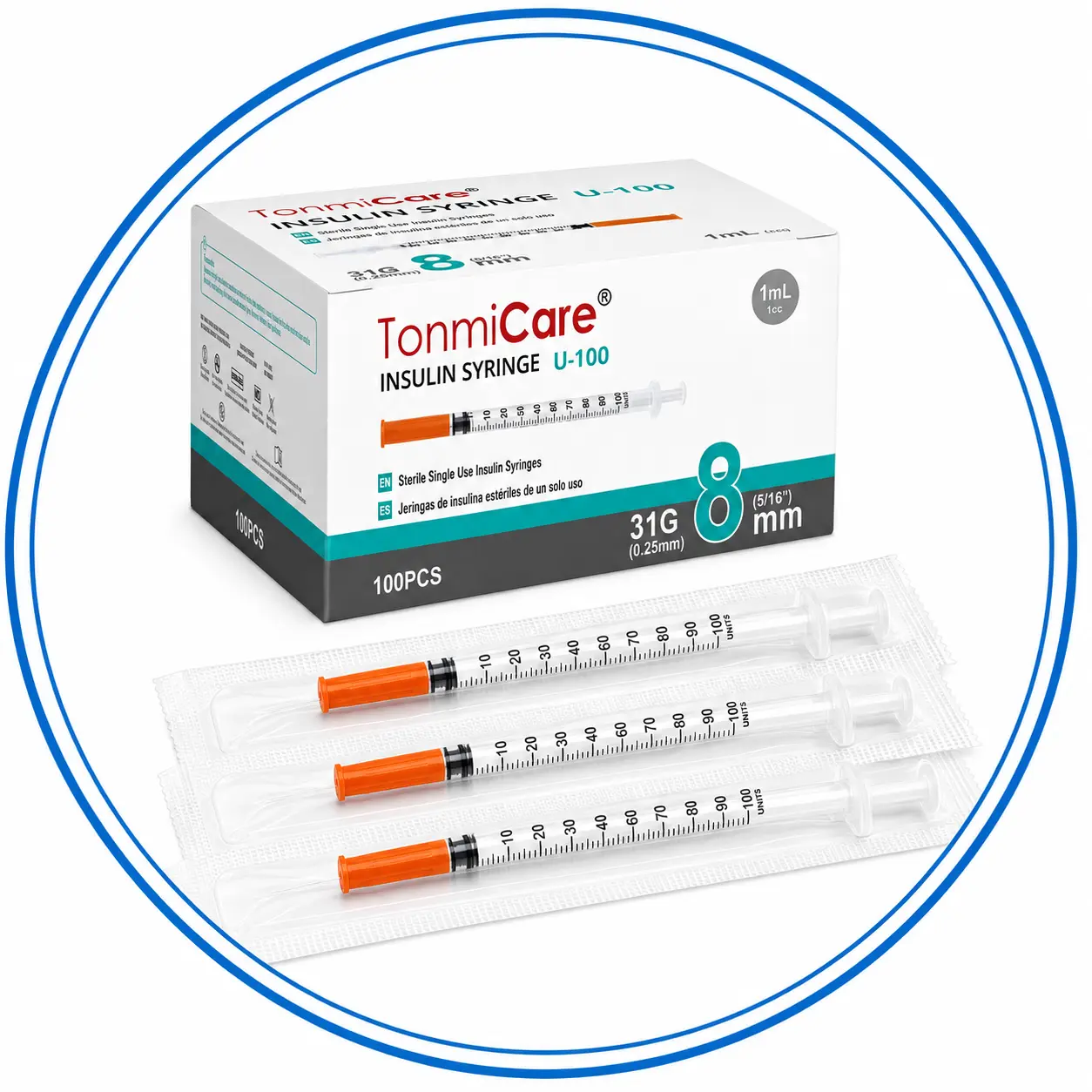 Individually wrapped 1 mL insulin syringes with product packaging