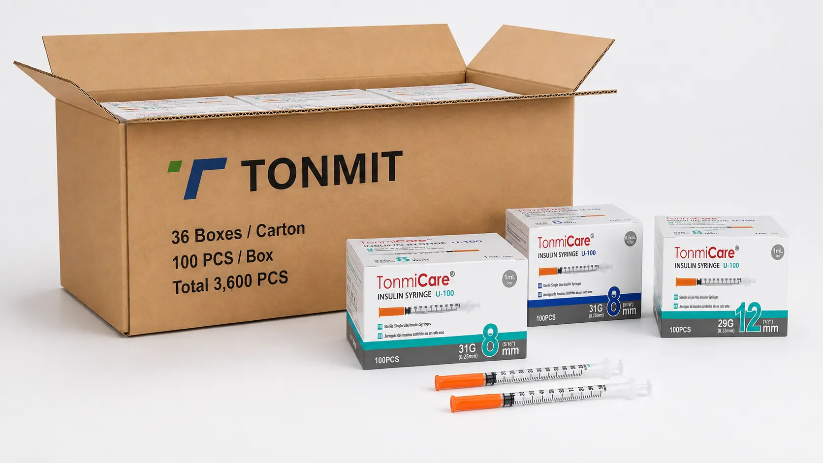 TonmiCare U-100 insulin syringe boxes arranged in a wholesale case for pharmacy procurement