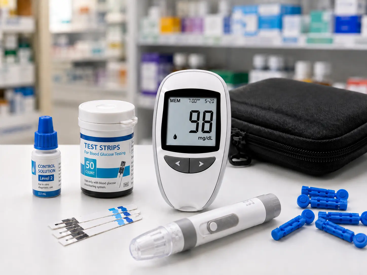 Blood glucose meter system with test strips, lancing device, lancets, control solution and carrying case
