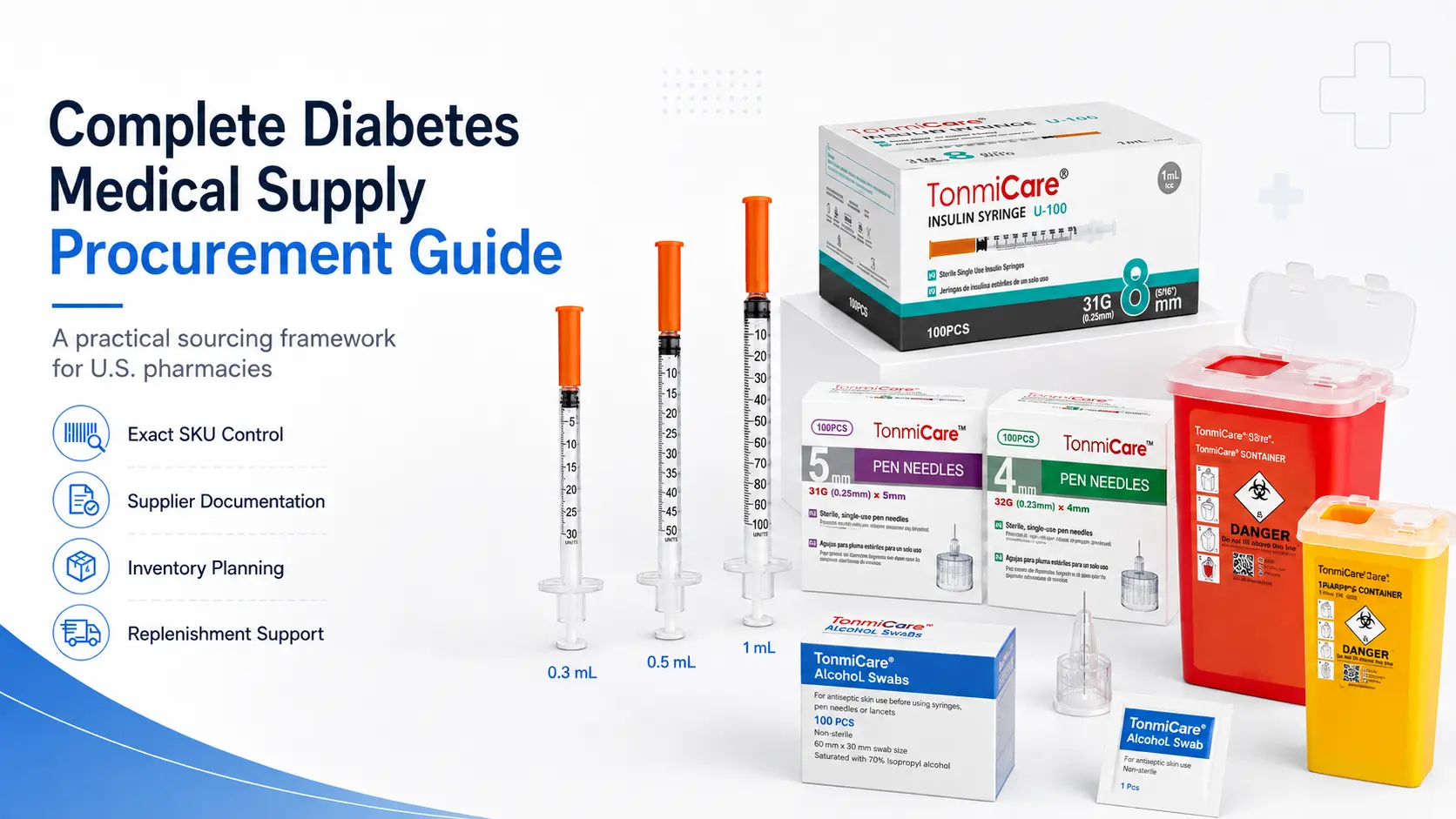 U.S. pharmacy procurement team reviewing diabetes medical supplies by exact SKU packaging lot expiration inventory and replenishment