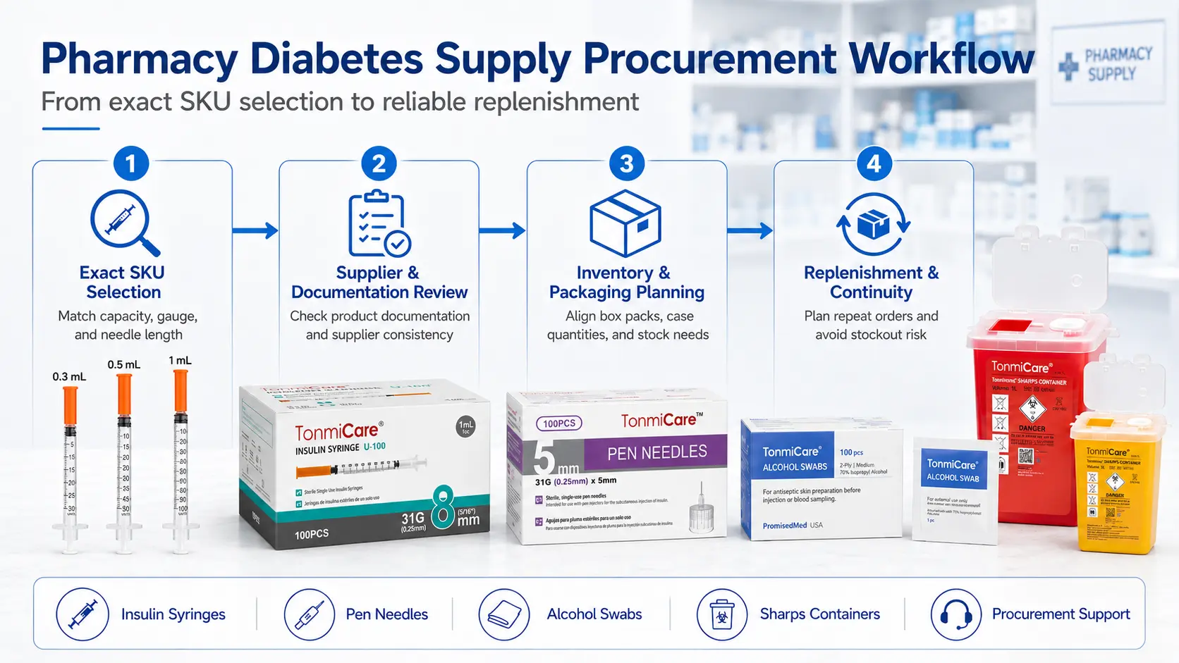 Diabetes medical supply procurement workflow from product specification and supplier qualification to receiving inventory control and replenishment