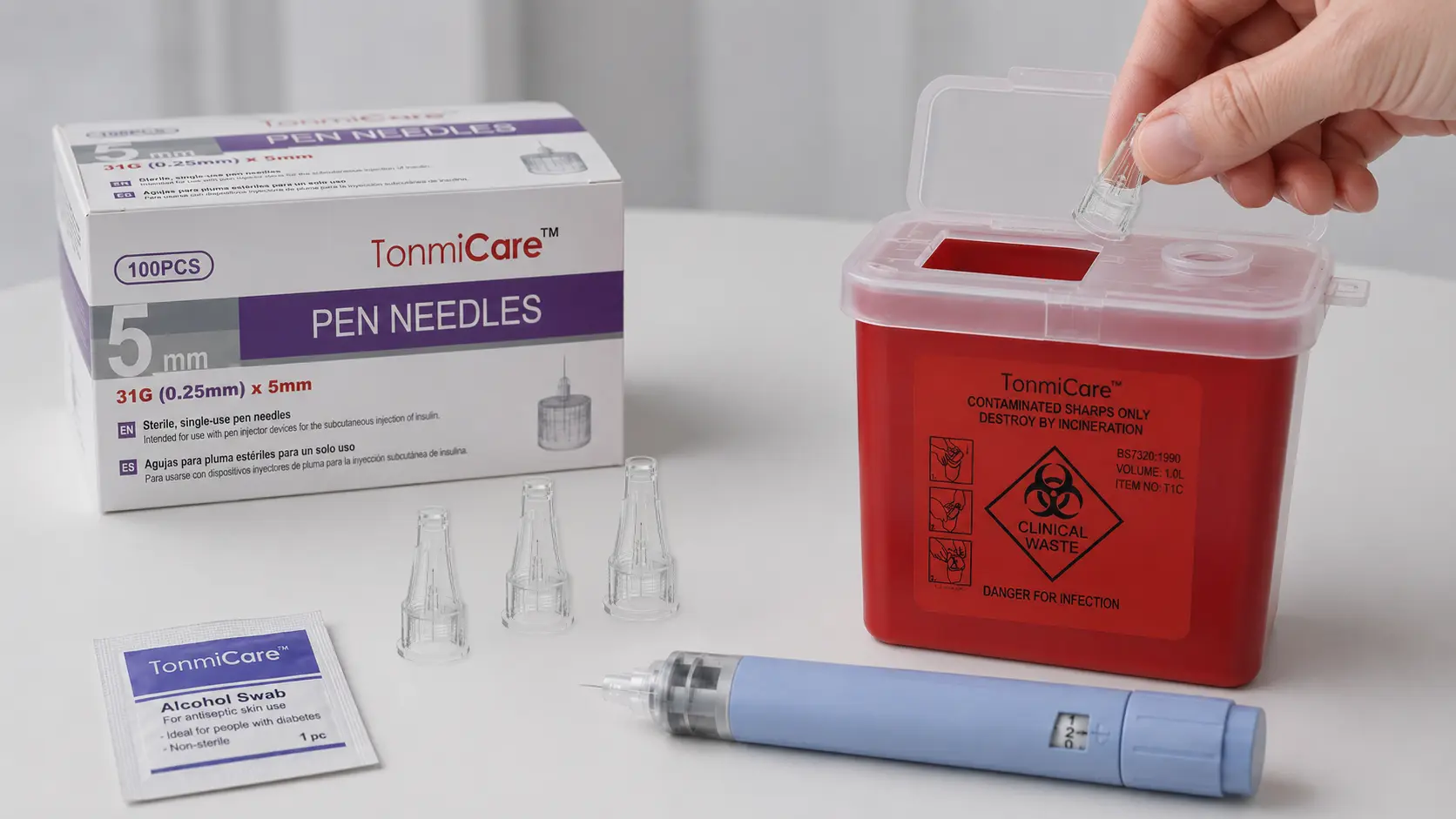 Disposing of a used GLP-1 pen needle in a sharps container beside an injection pen and alcohol swab