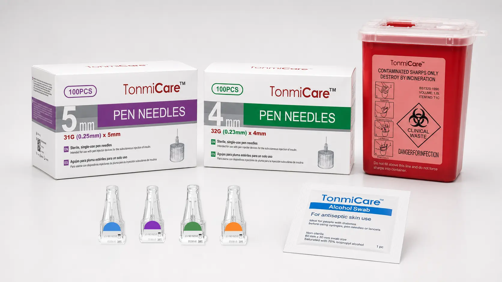 GLP-1 pen needle supplies with 4mm and 5mm pen needles, alcohol swab, lancets and sharps container