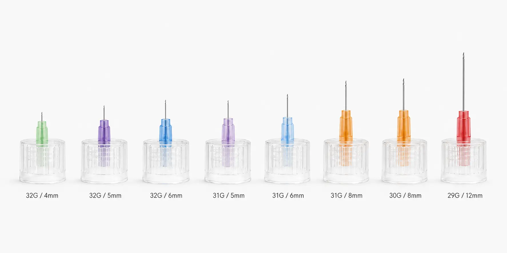 Insulin pen needle size options showing multiple gauge and length configurations from 29G to 34G and 4 mm to 12 mm