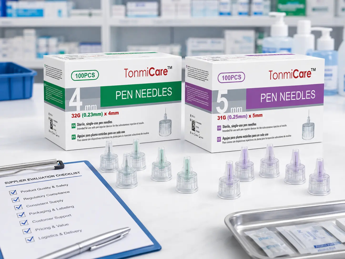 Pharmacy supplier evaluation checklist beside TonmiCare 32G 4 mm and 31G 5 mm insulin pen needle products
