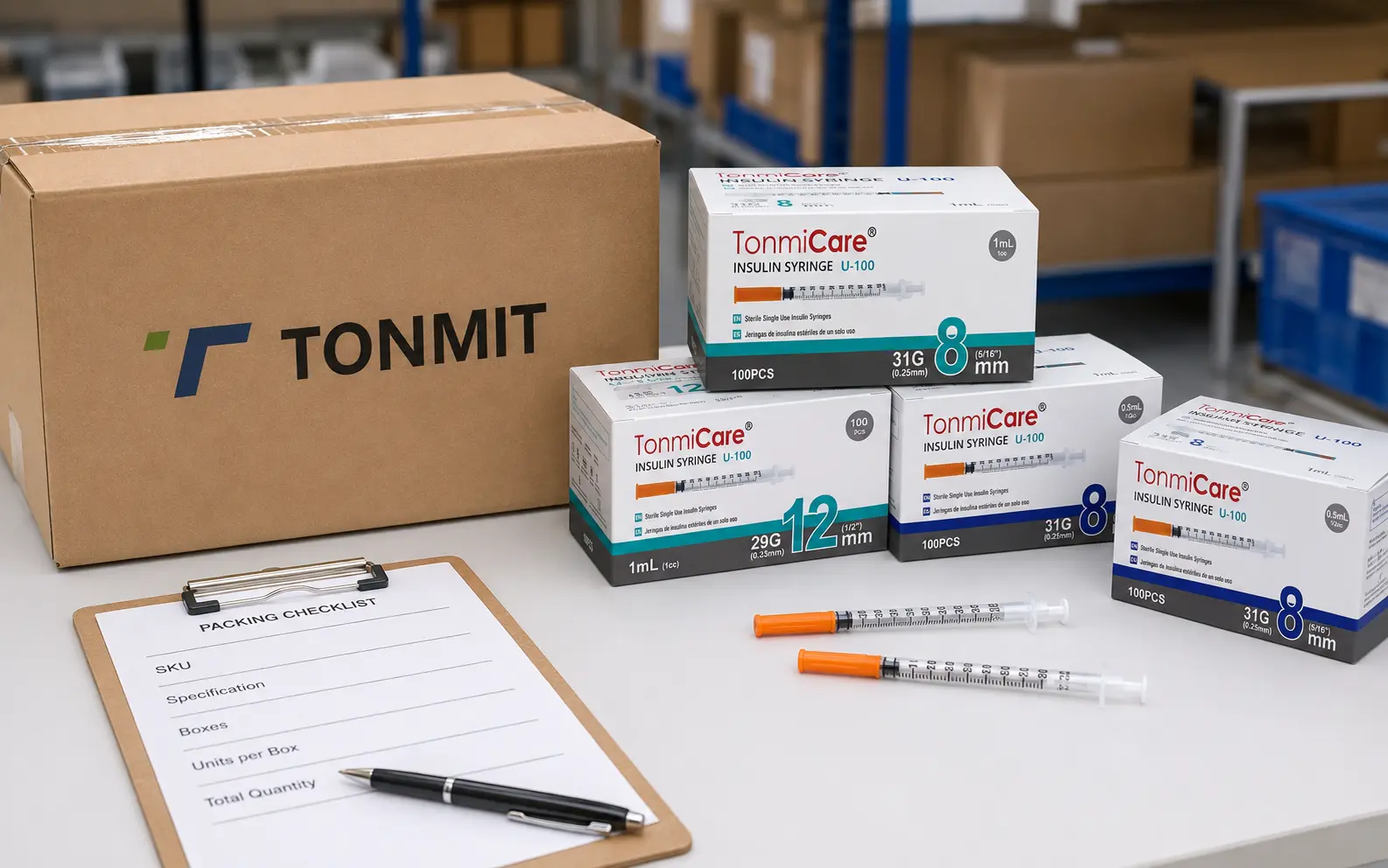Warehouse receiving checklist for TonmiCare insulin syringe case quantity, lot, expiration date and carton condition