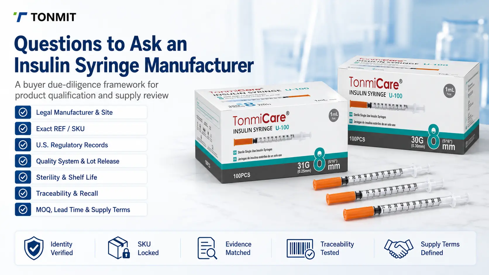 Insulin syringe manufacturer qualification checklist covering exact SKU regulatory records quality traceability MOQ and supply terms