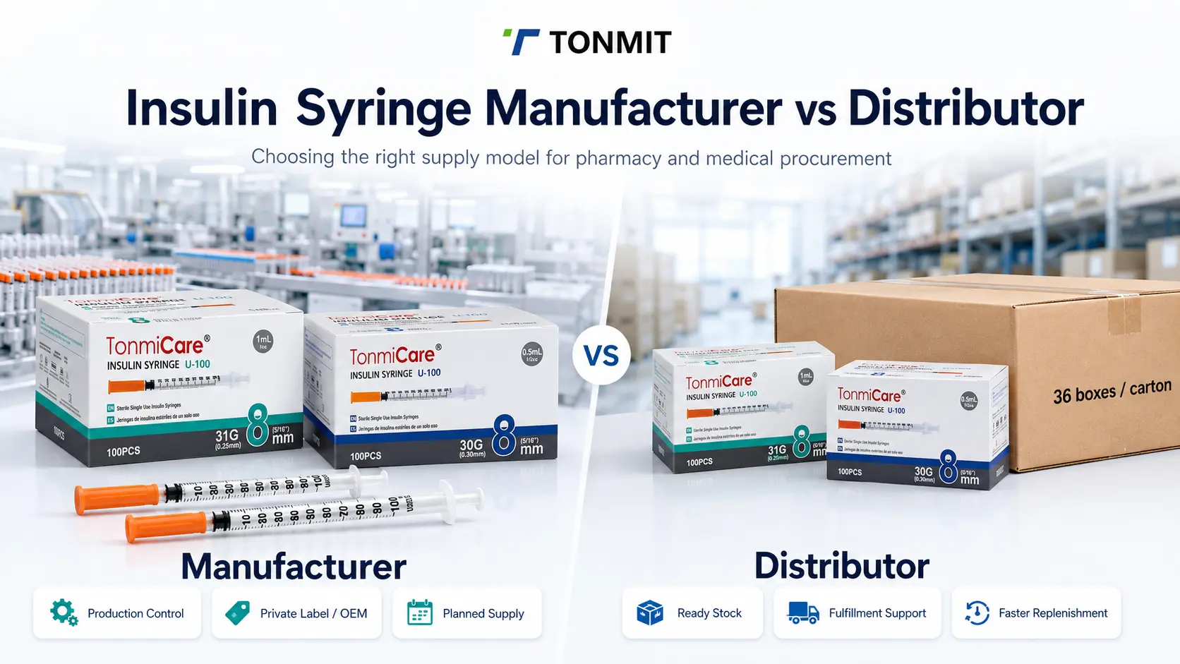 Insulin syringe manufacturer vs distributor comparison showing TonmiCare products, production supply and distributor inventory fulfillment