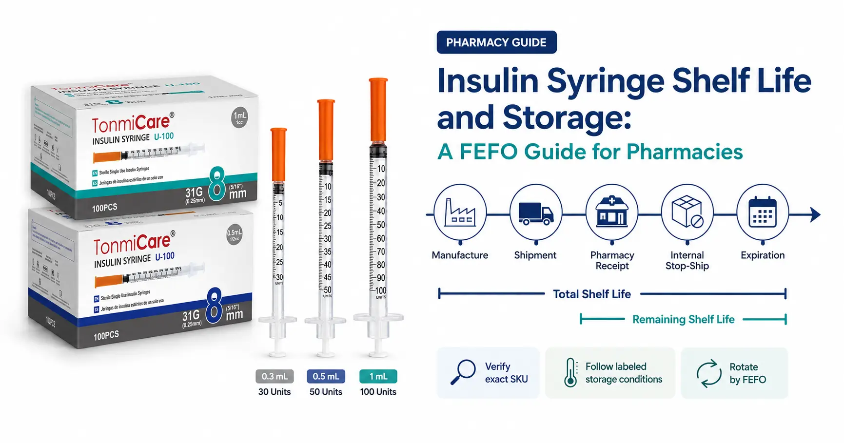 Insulin syringe shelf life and storage guide showing manufacture, shipment, pharmacy receipt, remaining shelf life, expiration and FEFO rotation