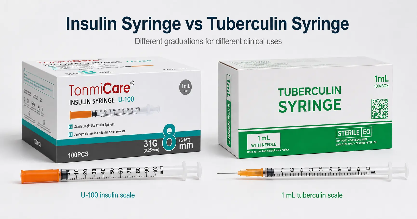TonmiCare U-100 insulin syringe and 1 mL tuberculin syringe shown side by side with units and milliliter scales