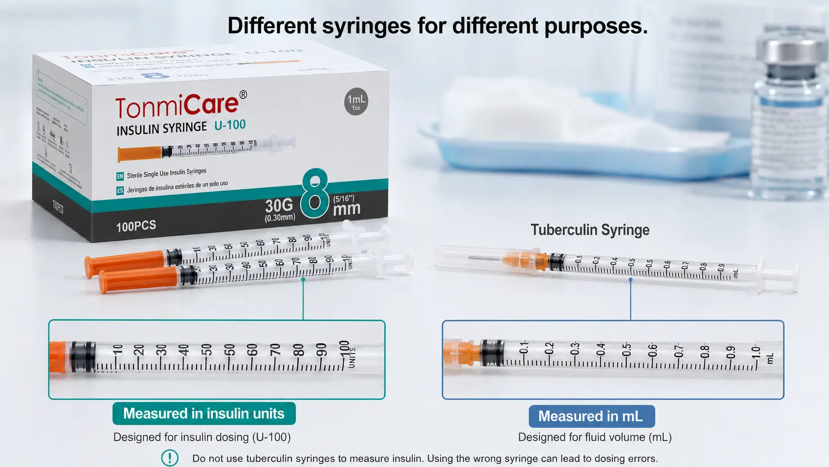 Infographic comparing U-100 insulin syringe unit markings with 1 mL tuberculin syringe milliliter graduations