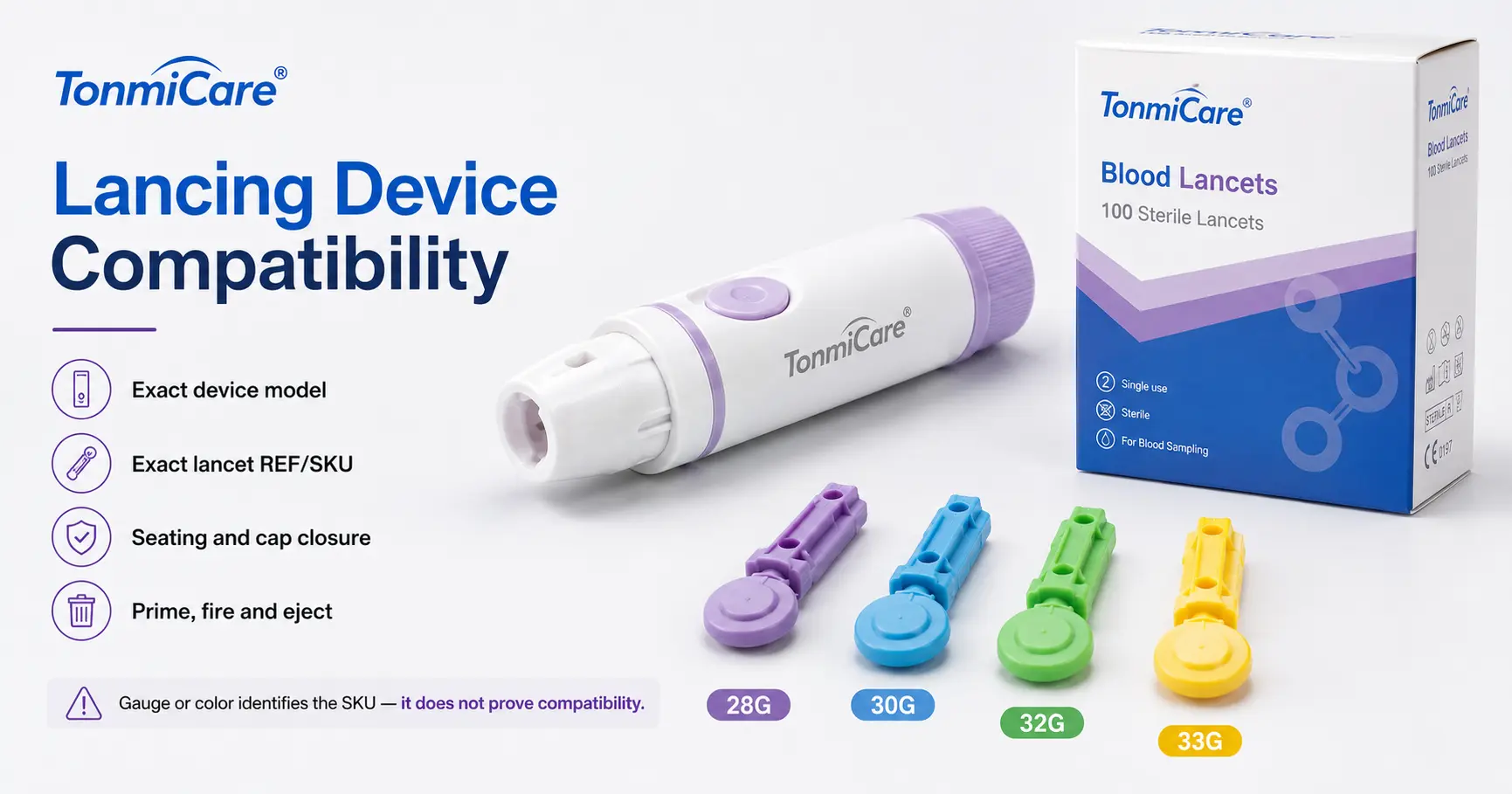 Lancing device and lancet compatibility guide showing exact device model, lancet REF, seating, cap closure, priming, firing, ejection and gauge identification