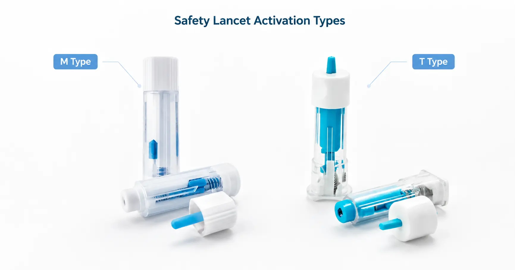 M-Type and T-Type safety lancets compared by activation type using real product images for buyer evaluation