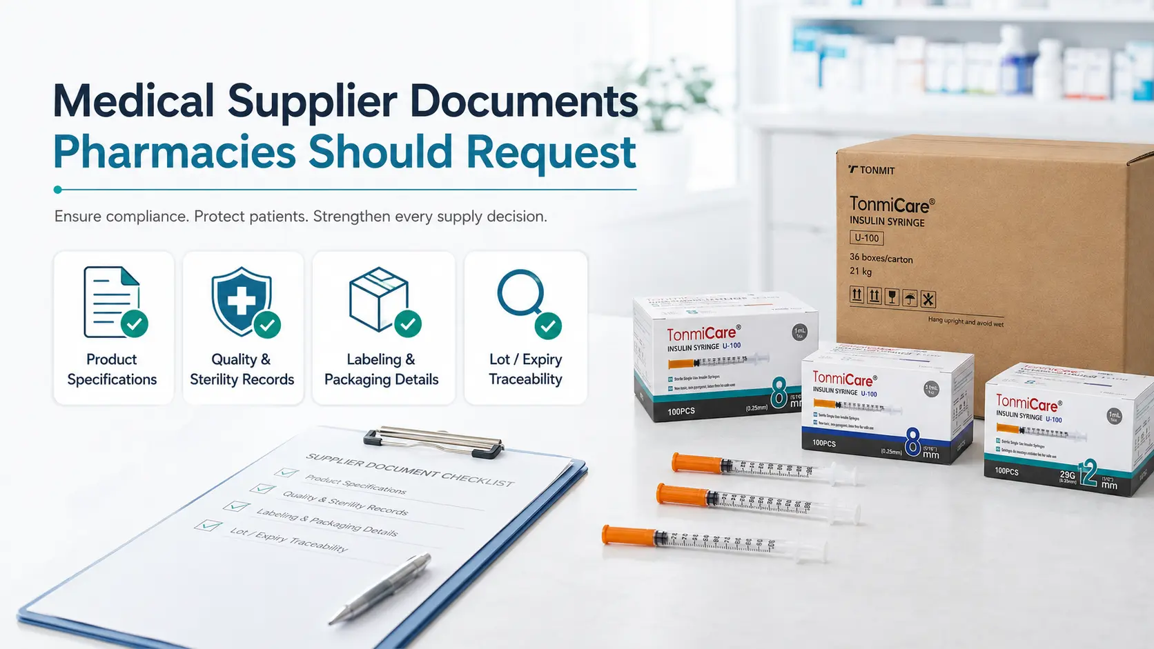 Medical supplier documents checklist for pharmacies covering product identity FDA records quality sterility and lot traceability