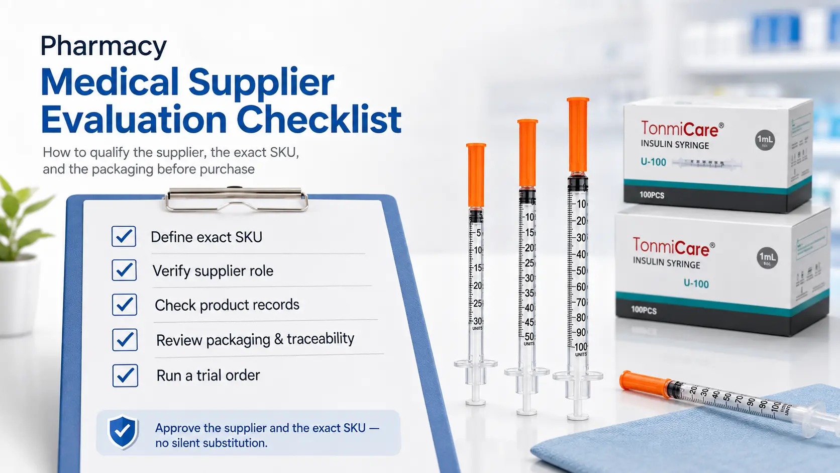Medical supplier evaluation checklist for pharmacies covering SKU verification quality pricing delivery and supplier performance