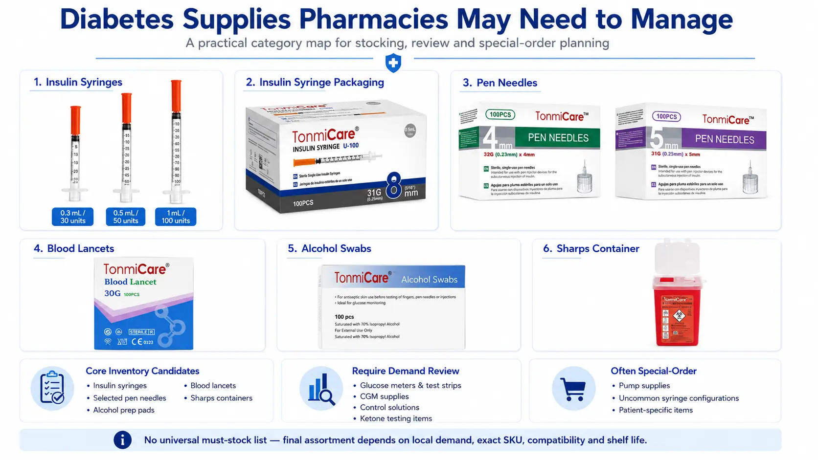 Pharmacy diabetes supplies stock vs special-order decision matrix based on demand predictability and exact SKU specificity