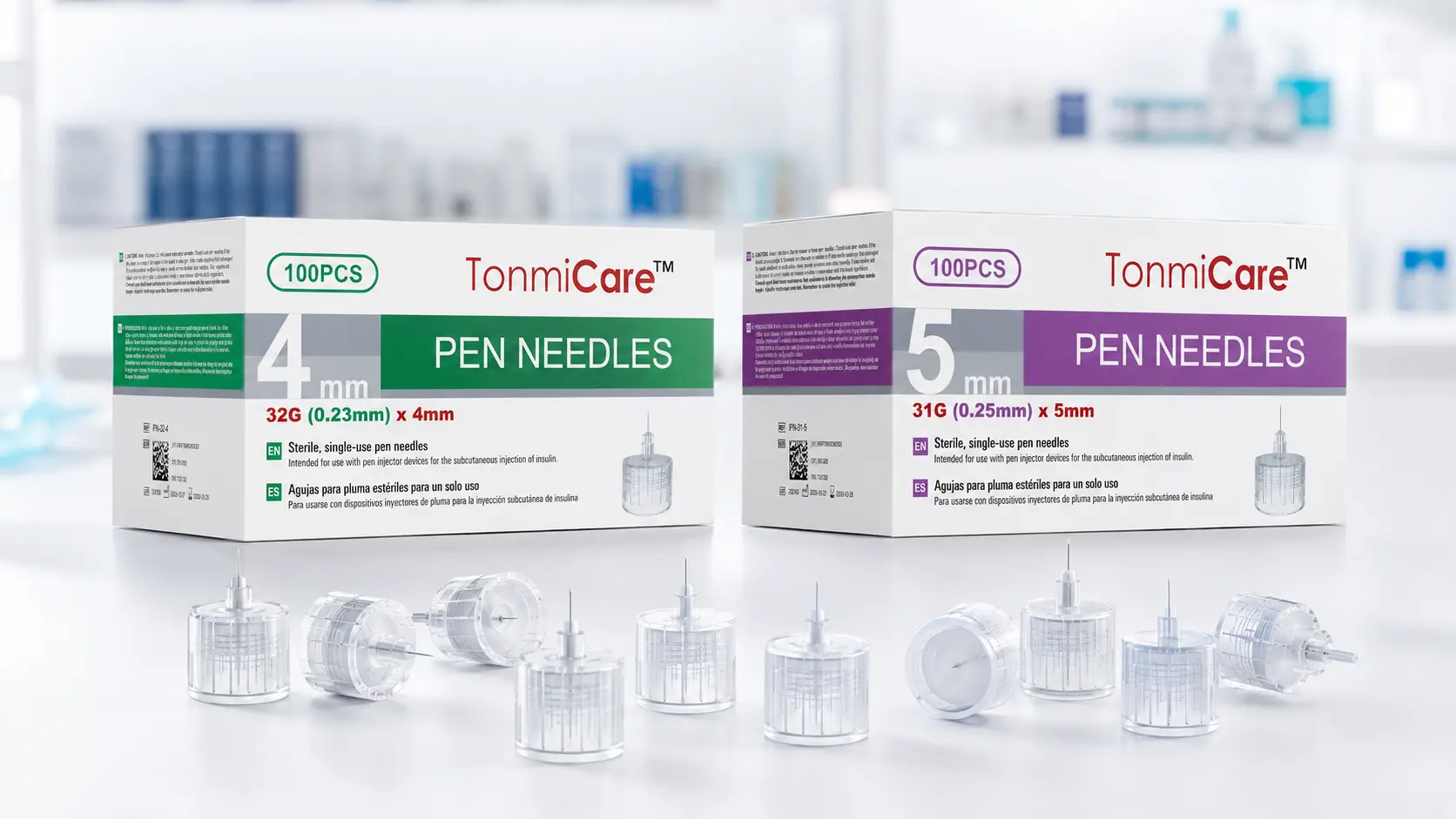 TonmiCare 32G 4 mm and 31G 5 mm insulin pen needle boxes with pen needle units displayed for pharmacy SKU comparison