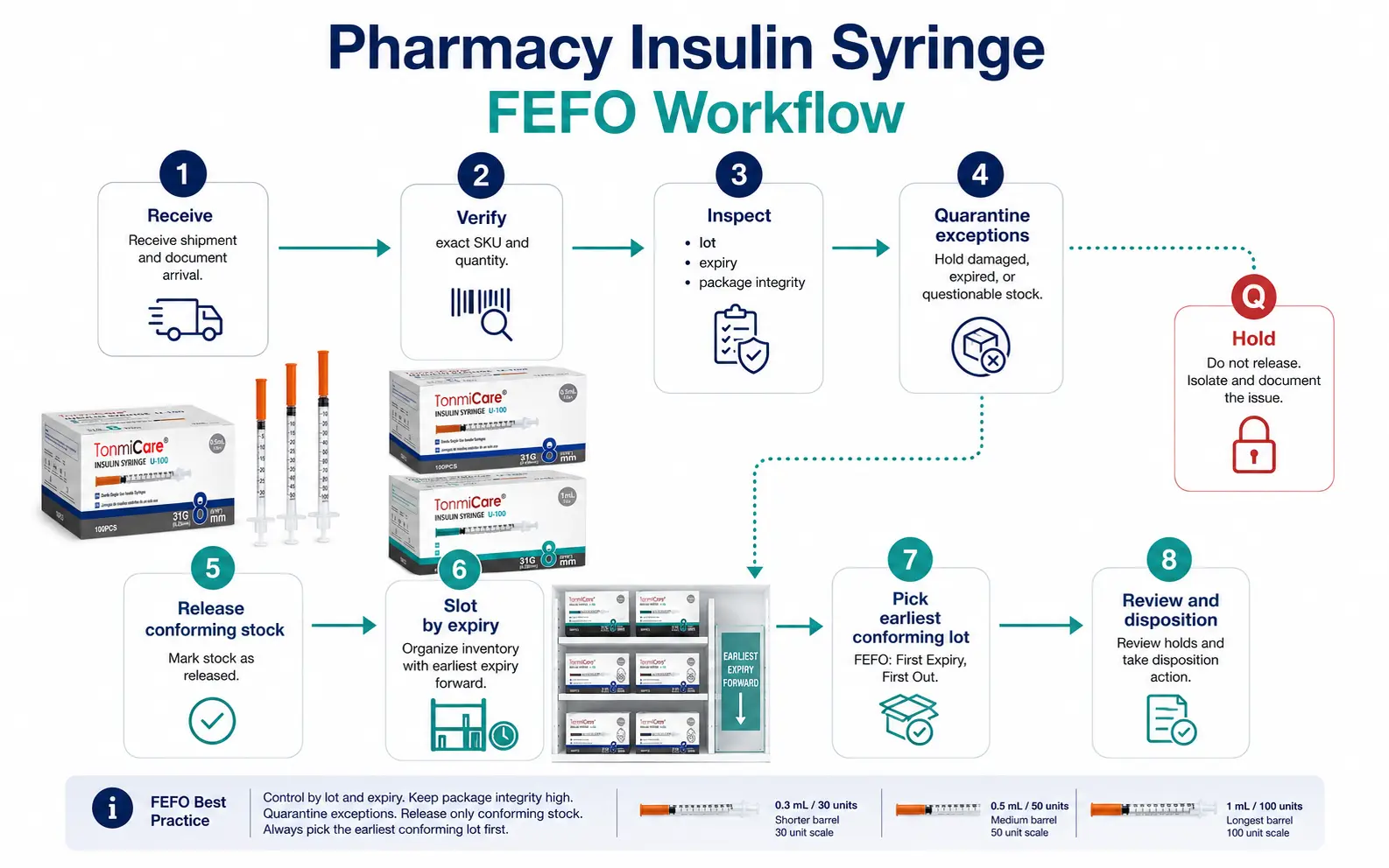 Pharmacy insulin syringe FEFO workflow covering receiving, SKU verification, lot and expiration inspection, quarantine, release, storage and earliest-expiry picking