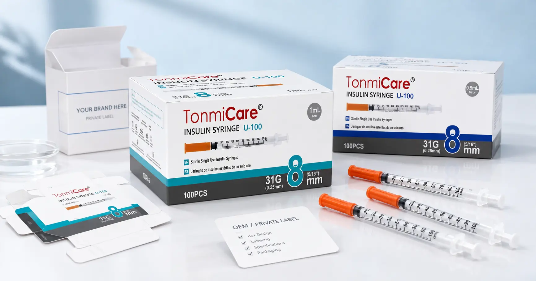 Private label insulin syringes with TonmiCare branded packaging for wholesale and OEM supply