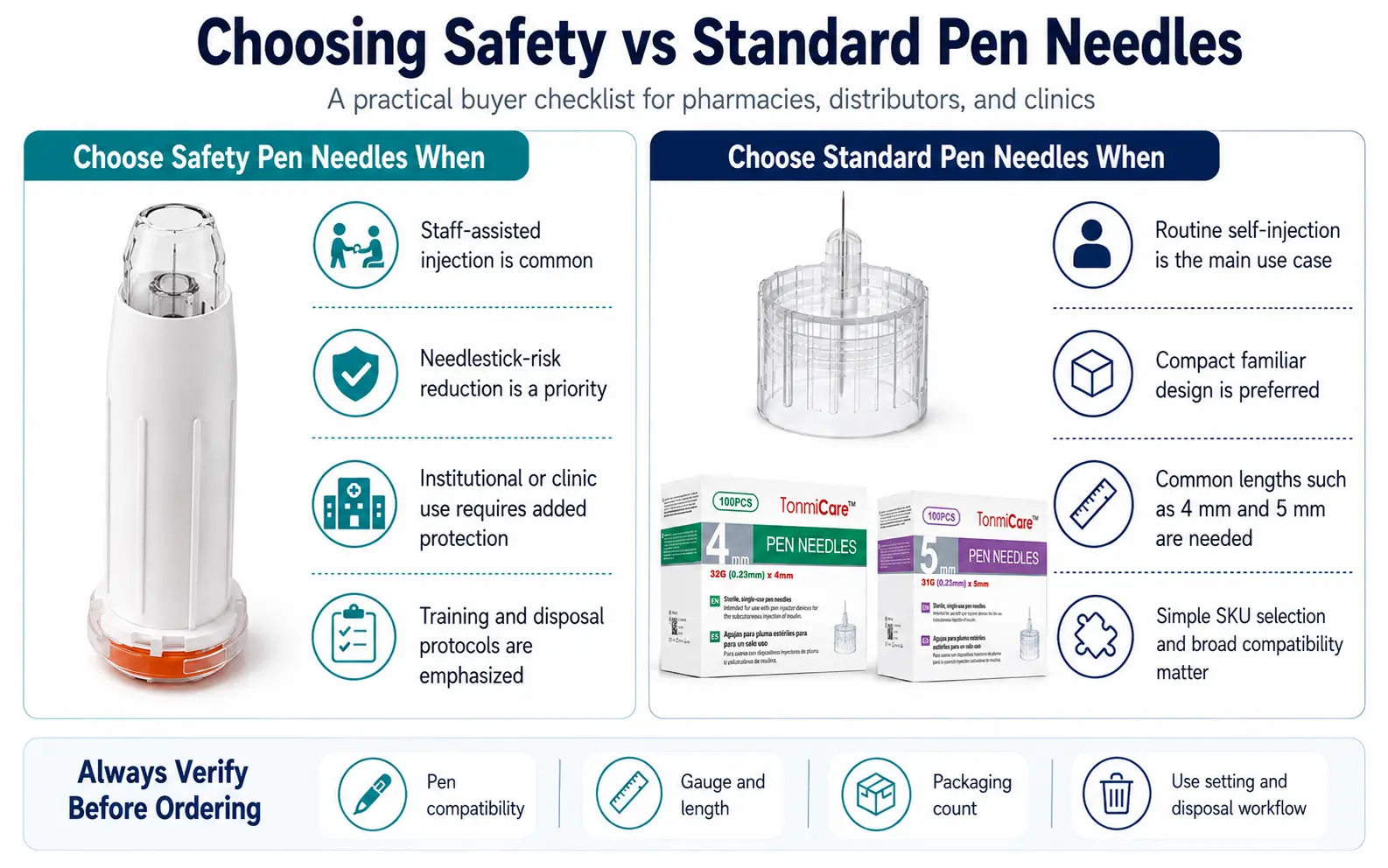 Safety vs standard pen needles buyer guide comparing assisted injection settings, needlestick-risk control, routine use, gauge, length, packaging and disposal workflow