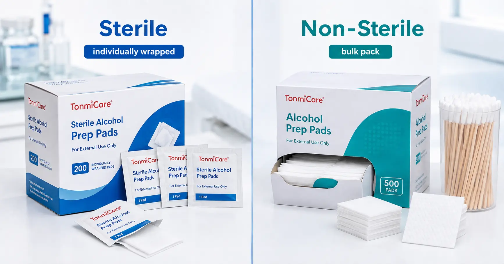 Sterile vs non-sterile alcohol prep pads comparison showing individually wrapped sterile pads and bulk-pack non-sterile pads