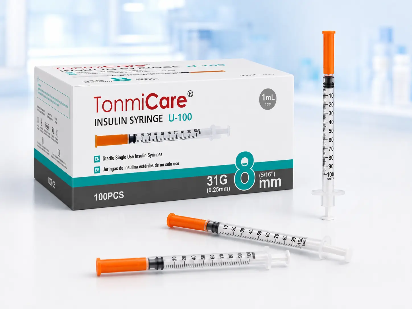 1 mL insulin syringes with orange caps and 1 mL packaging for wholesale supply