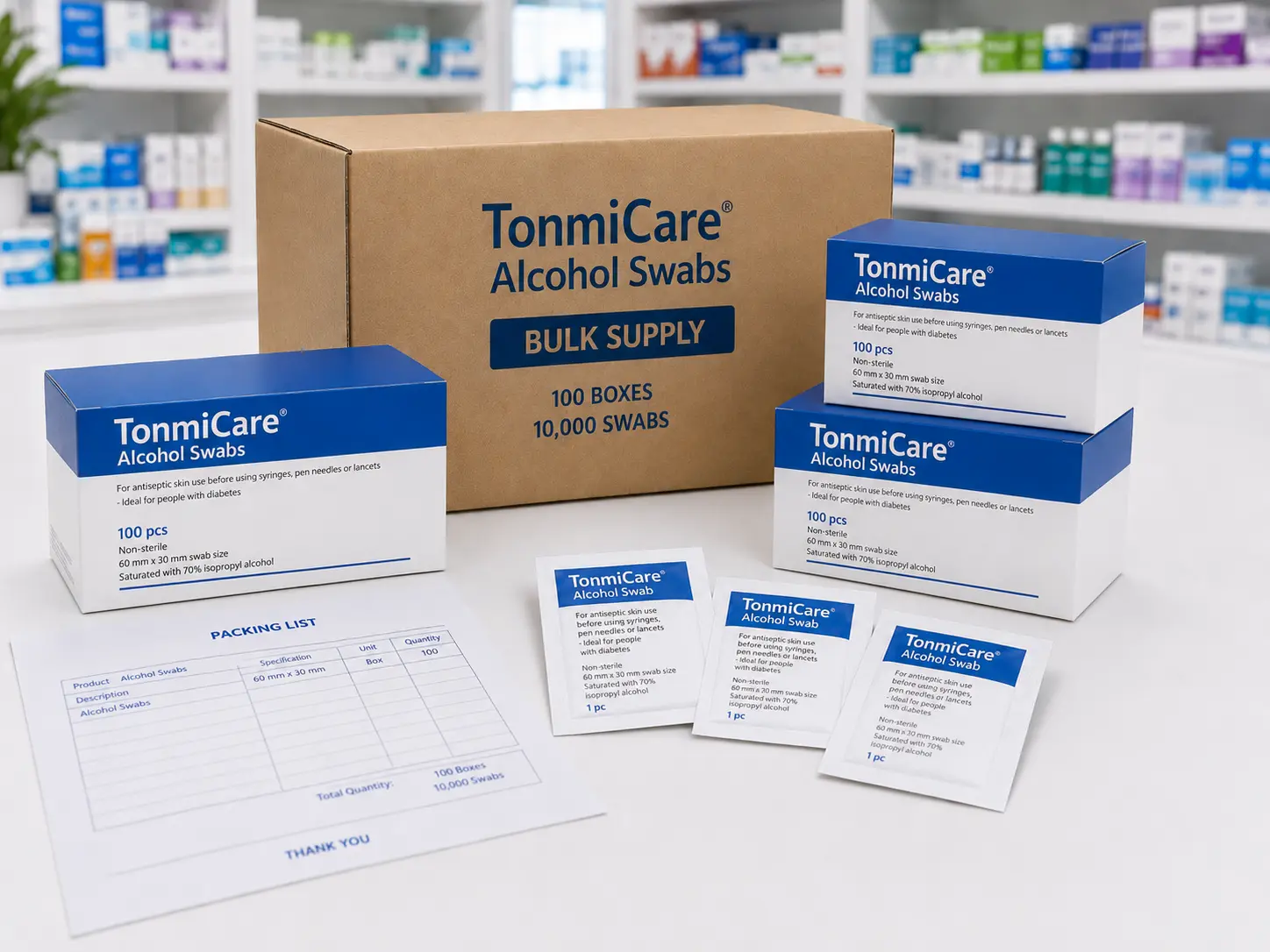 Bulk alcohol prep pads with case pack, individually wrapped packets and packing list for wholesale supply