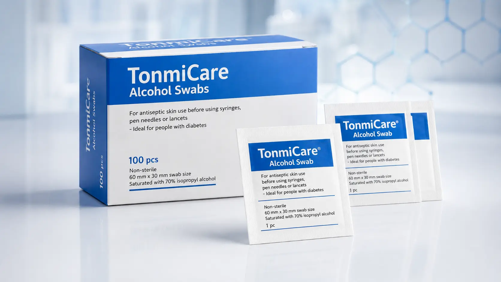 Alcohol prep pads with 70% isopropyl alcohol in individually wrapped packets