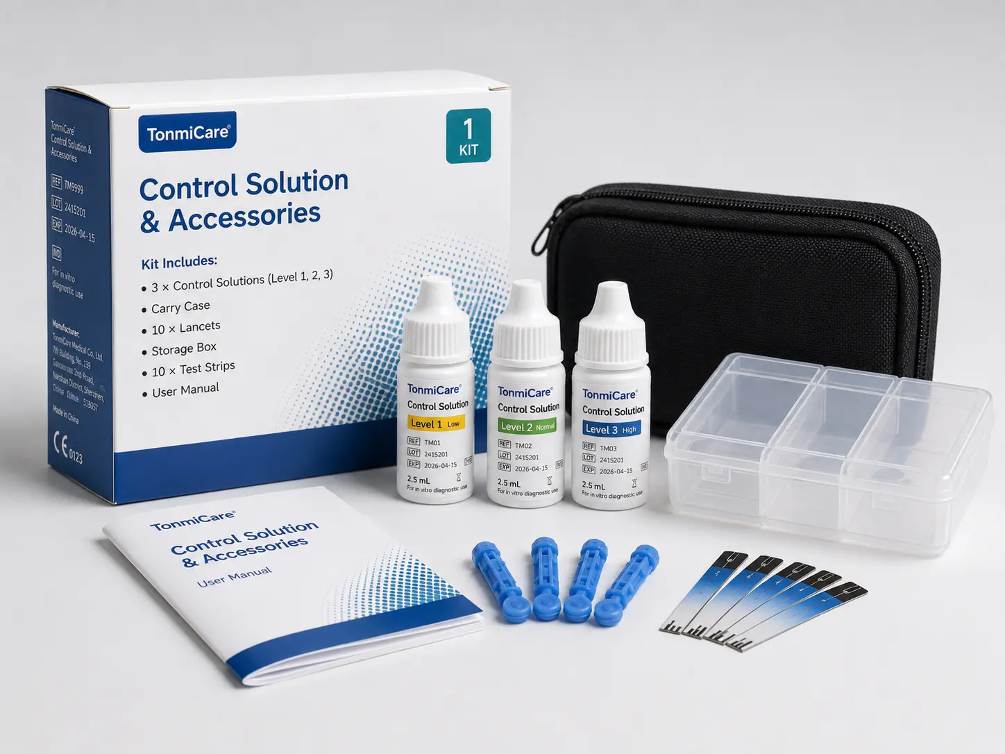 Blood glucose meter control solution bottles with accessories and carrying case