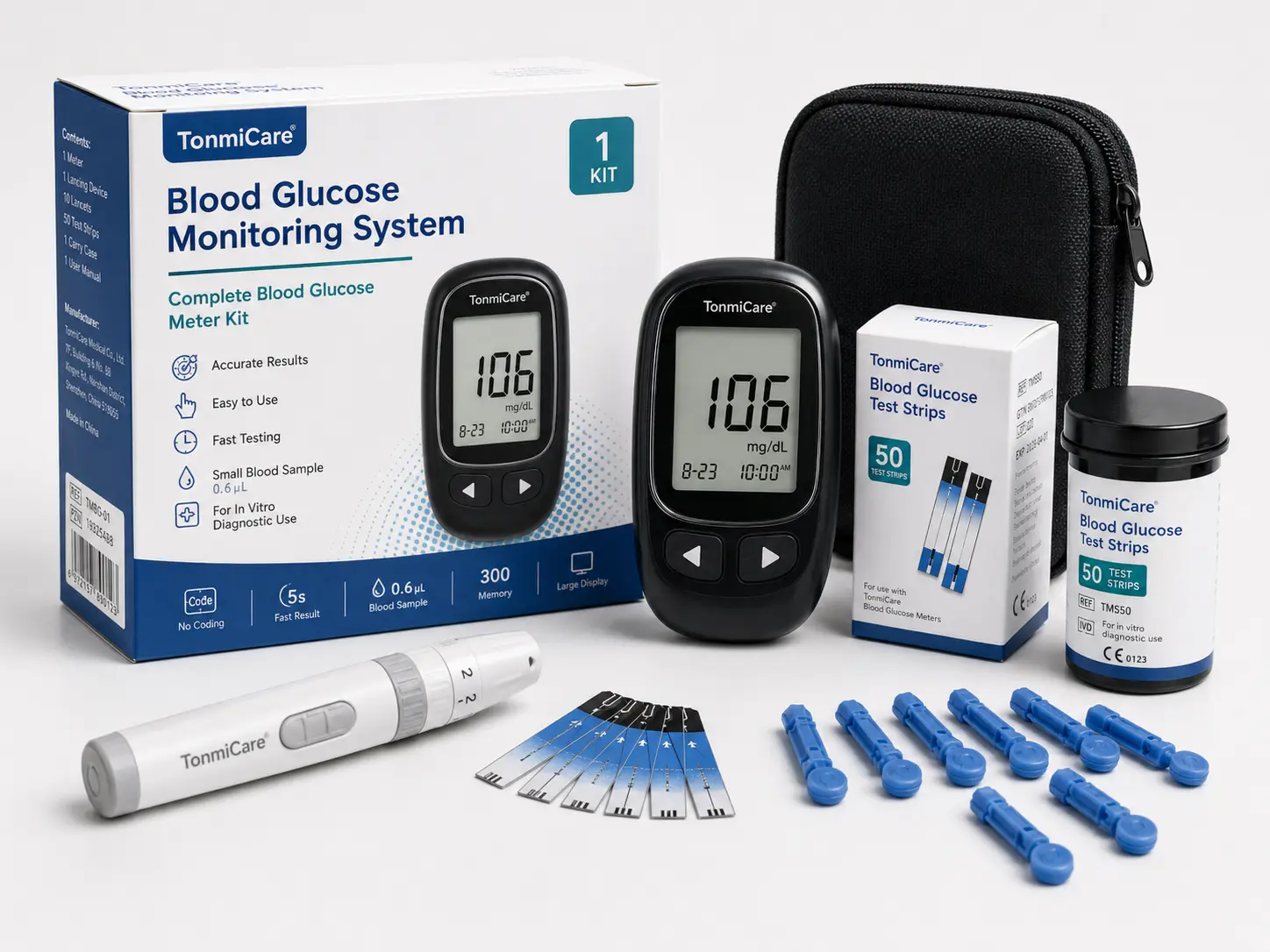 Blood glucose meter kit with meter, test strips, lancing device, lancets and carrying case