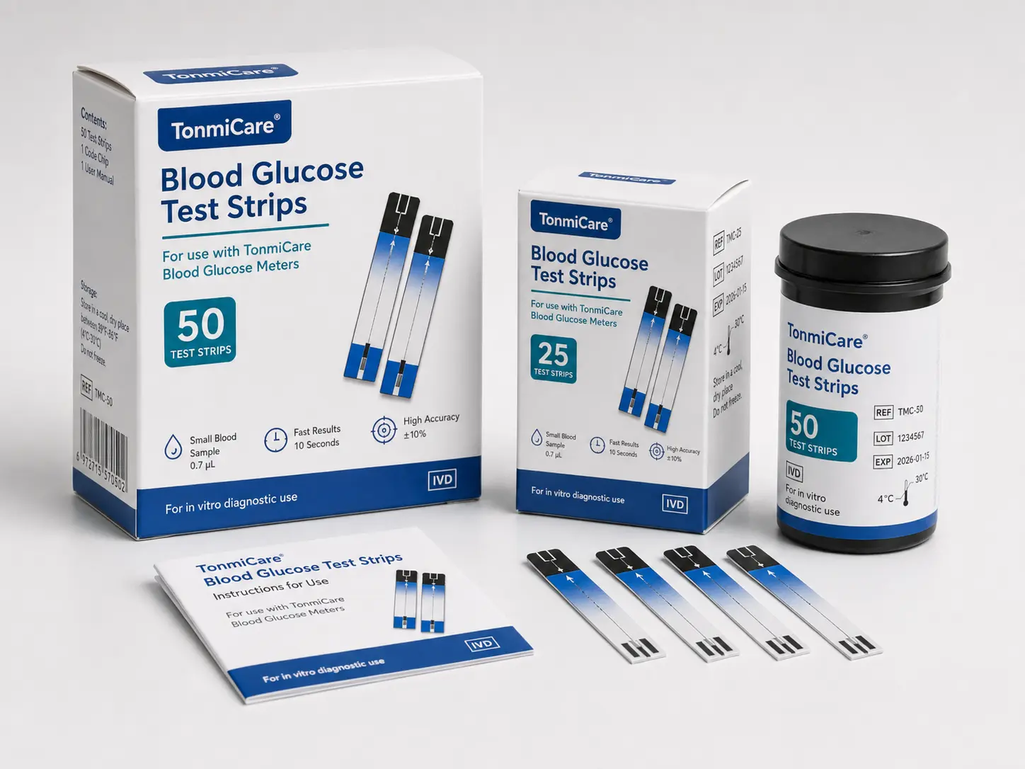 Blood glucose test strip boxes, vial and individual glucose test strips