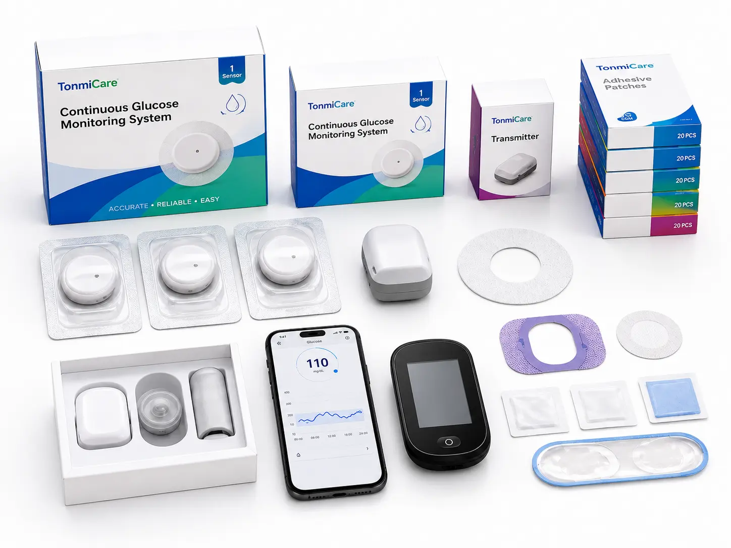 CGM supply set with smartphone display, receiver, sensors and packaged system components