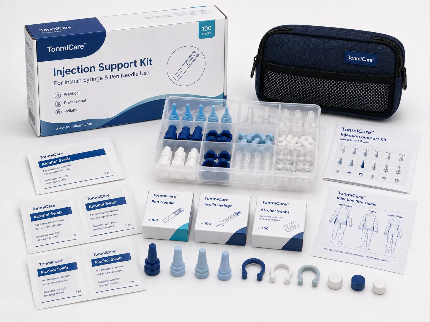 Assorted injection-support accessories and packaged supplies for custom kit planning