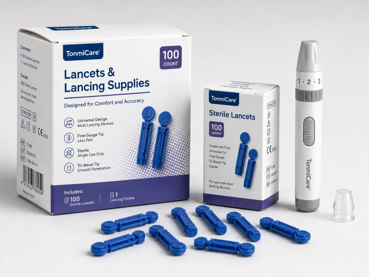Blood lancets and lancing device for blood glucose monitoring supplies