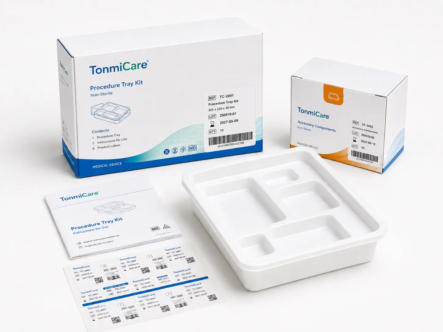 Medical kit packaging options with carton, tray, labels and insert materials