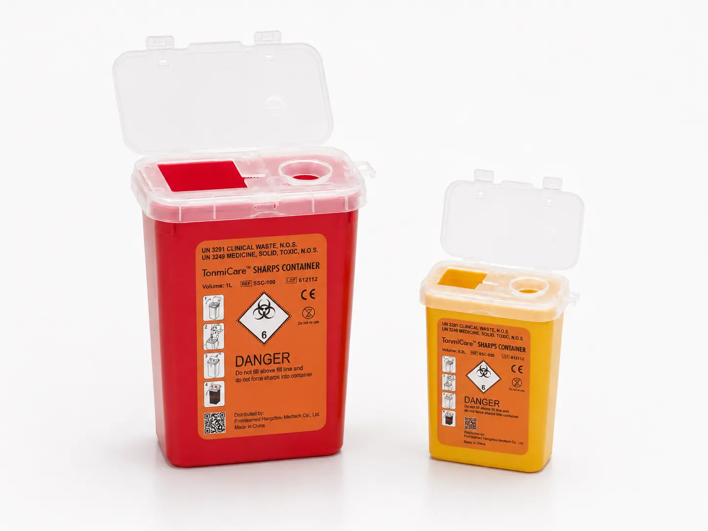 Red sharps disposal container and accessory parts for injection-support programs