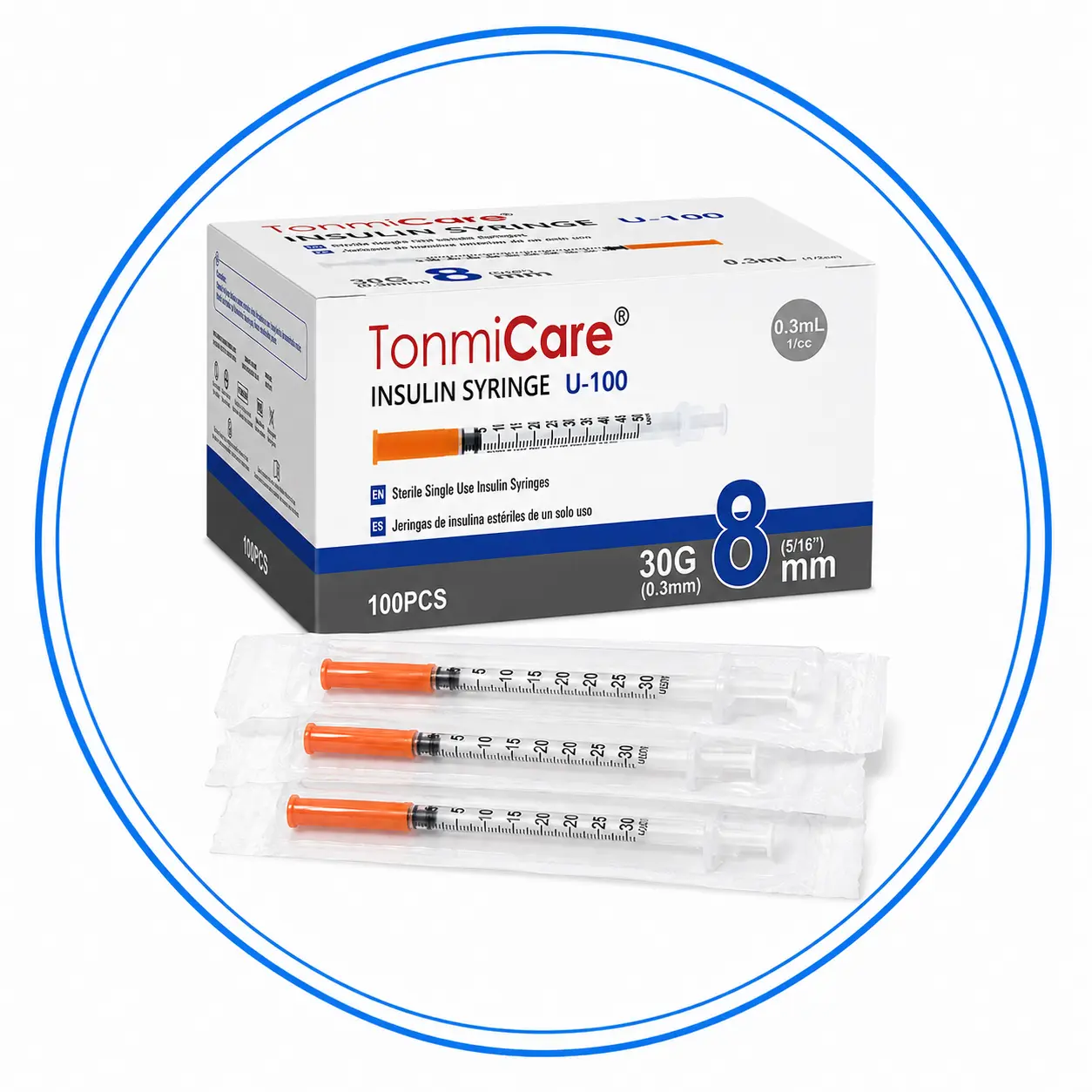 Individually wrapped 0.3 mL insulin syringes with product packaging