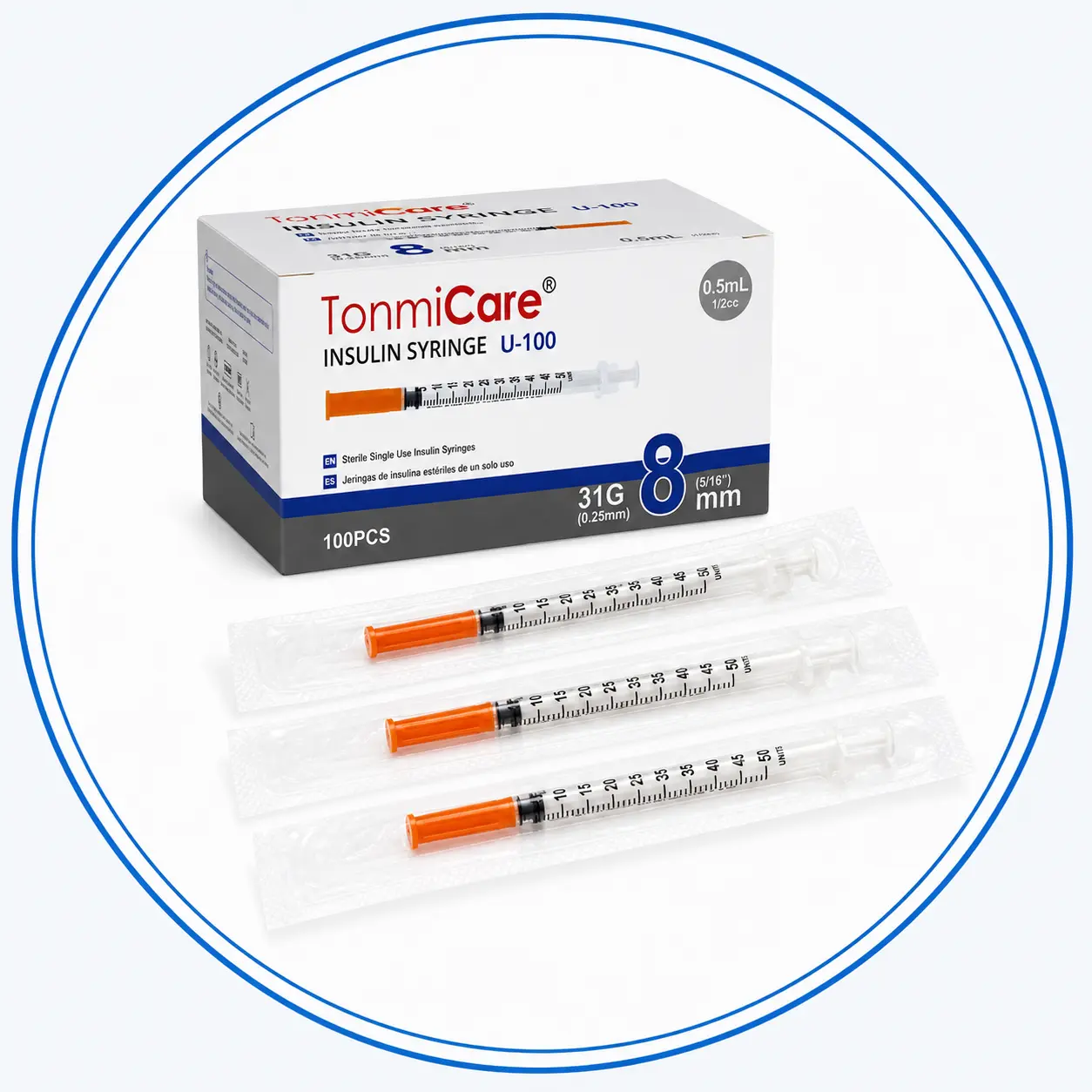 Individually wrapped 0.5 mL insulin syringes with product box
