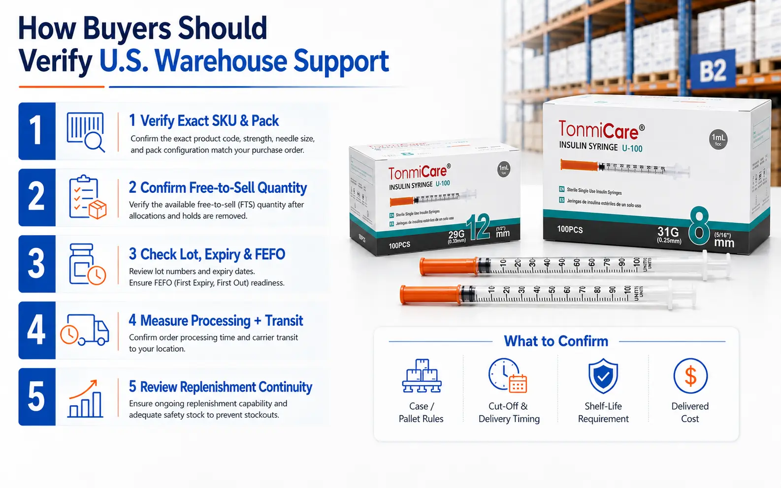 U.S. warehouse medical supply inventory reviewed by exact SKU case quantity lot expiration and delivery destination