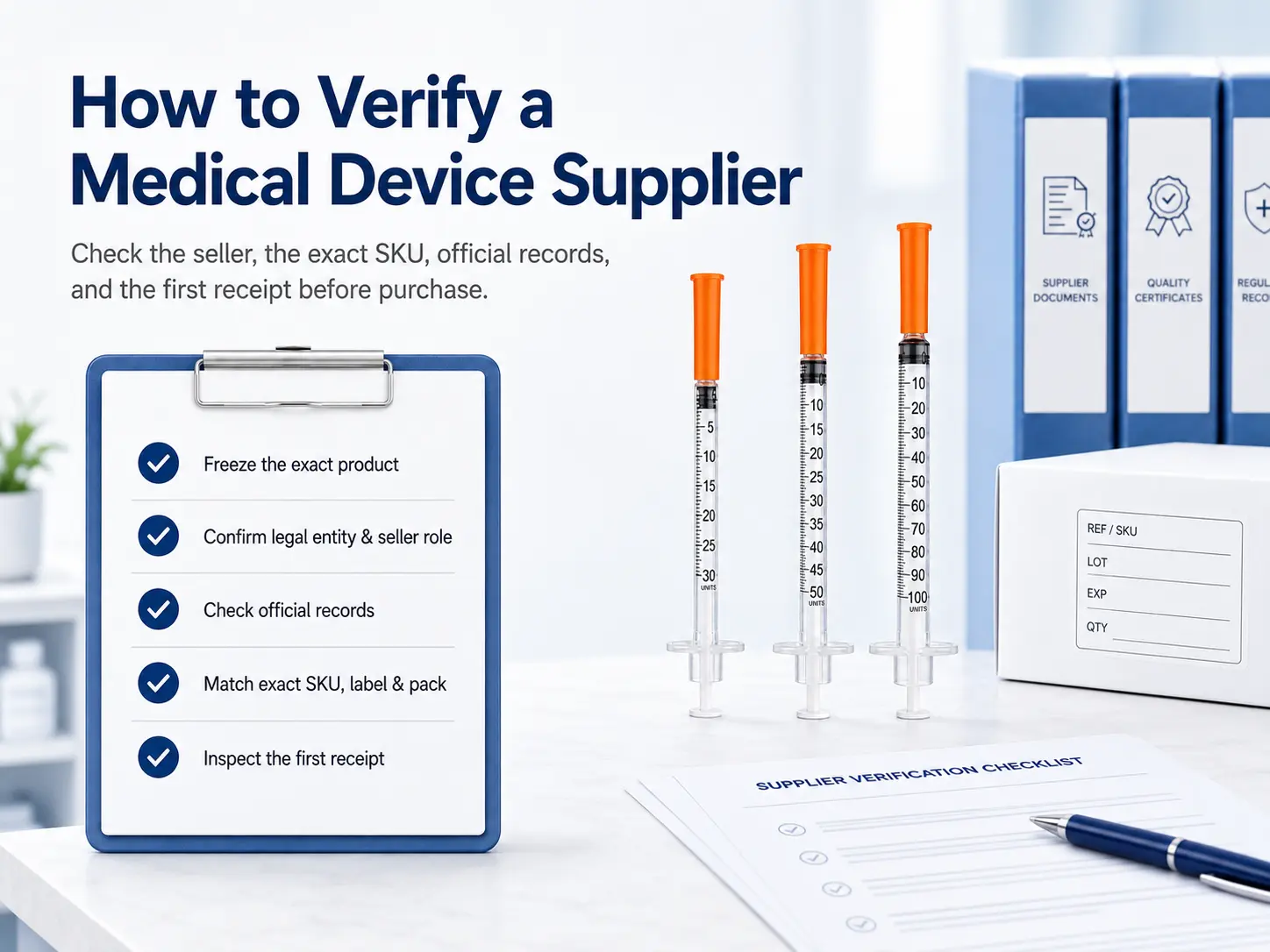 Buyer verifying a medical device supplier by matching the legal manufacturer exact SKU FDA records quality documents and lot information