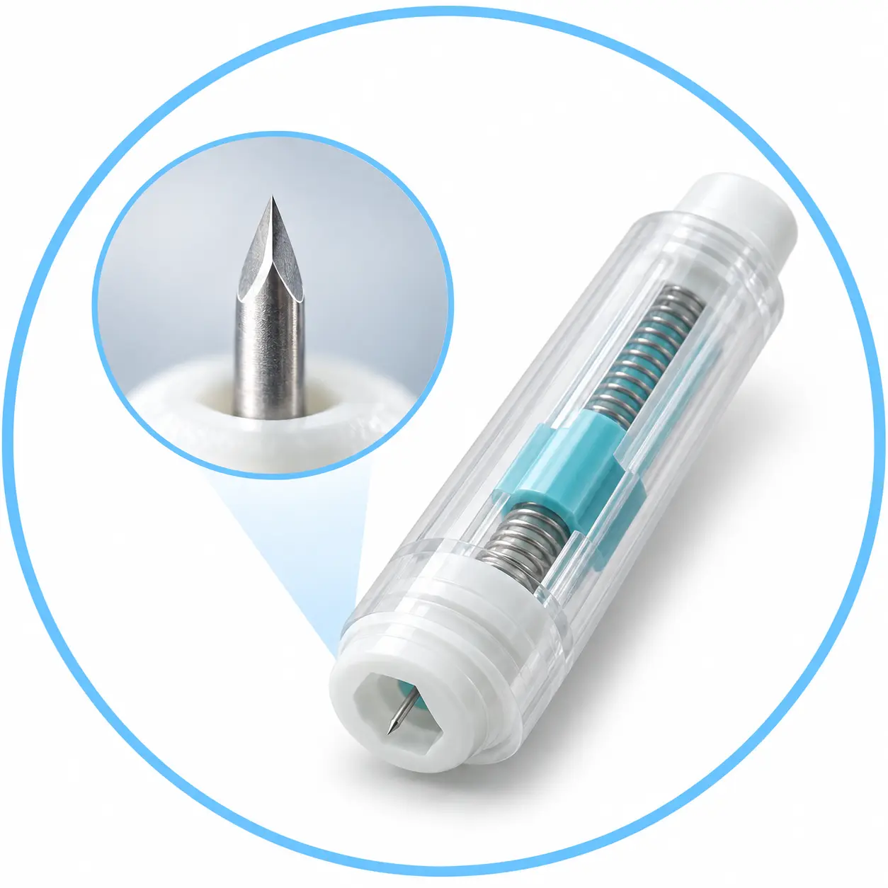 Close-up illustration of a tri-bevel needle tip on an M-Type safety lancet