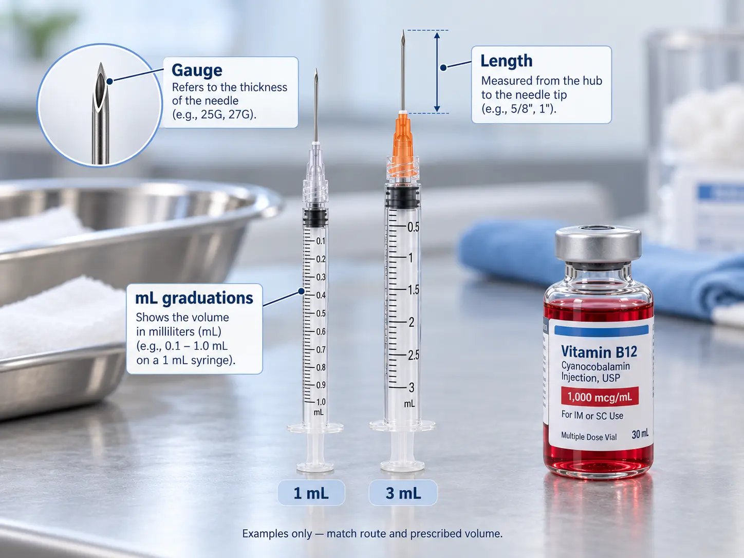 Comparison of 1 mL and 3 mL syringes showing needle gauge, needle length, and mL graduation markings alongside a vitamin B12 vial.