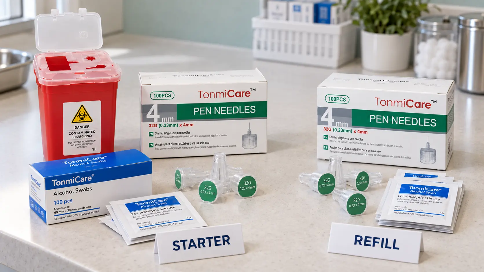 Illustrative comparison of starter and refill supplies with pen needles, alcohol swabs and a sharps container